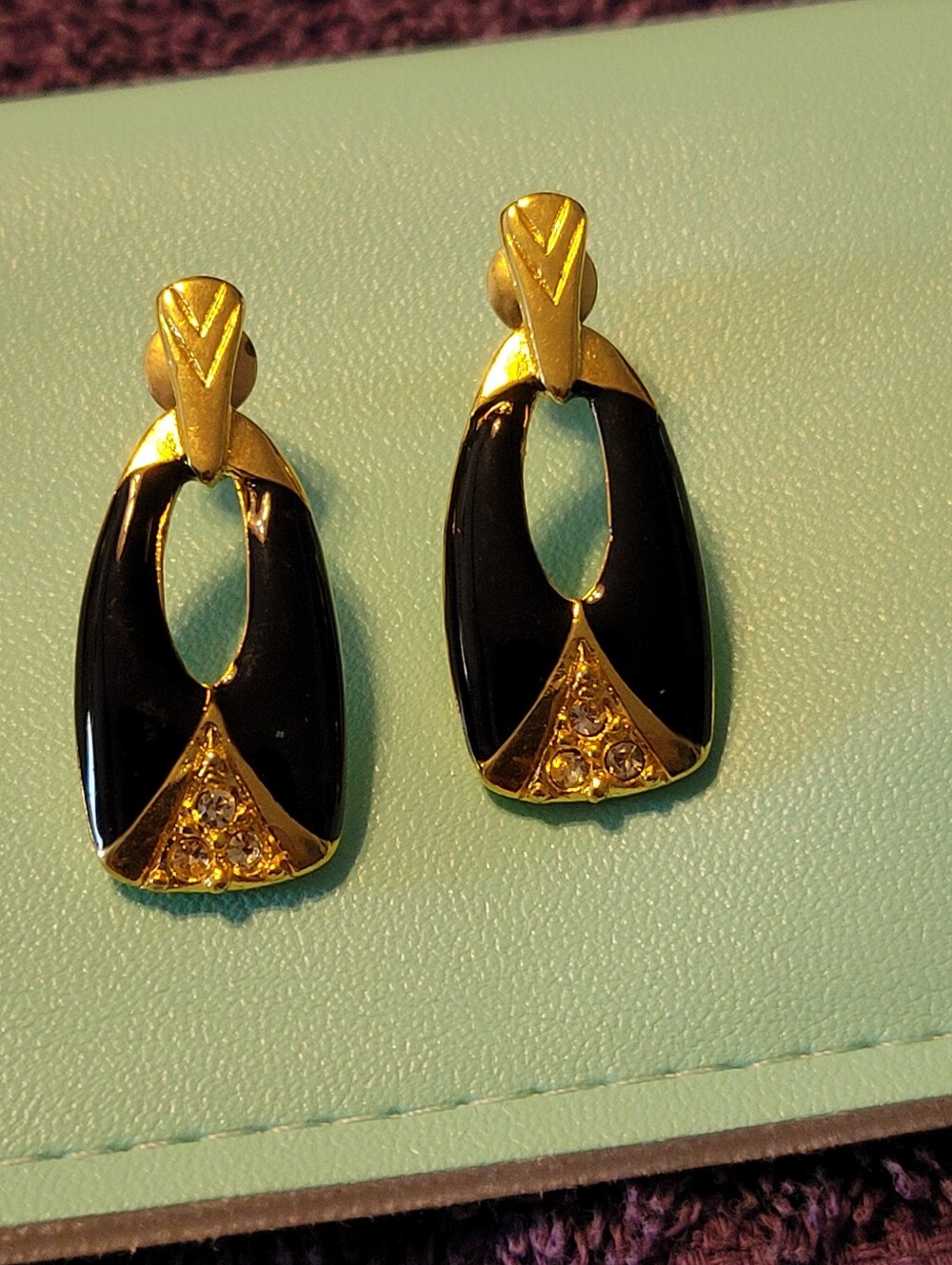 Gold and Black Drop Earrings with Crystal Accents